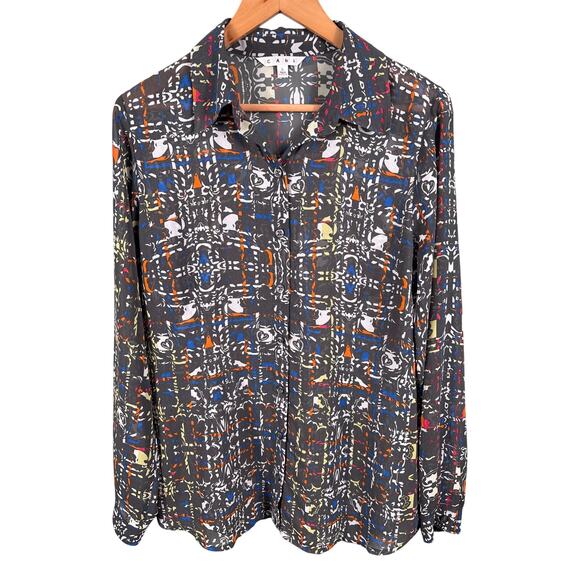 Cabi Women's Large Semi Sheer Festival Geometric Abstract Colorful Casual Blouse - Picture 1 of 11